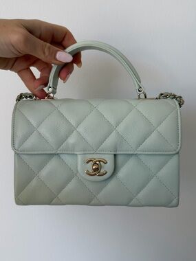 CHANEL Quilted Top Handle Satchel in Mint Green with Gold Hardware